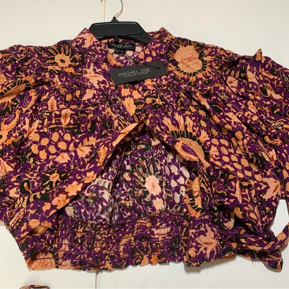 Rachel Zoe Floral Tie Waist Blouse Women’s Medium Balloon Sleeve Boho Top NWT - Picture 9 of 10